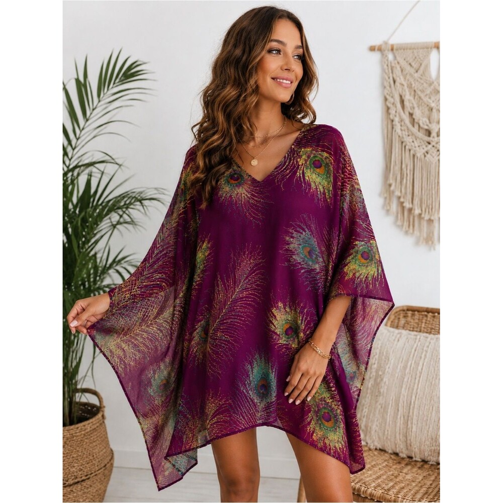 Magenta Peacock Feather Boho Kaftan Kimono Festival Resort Top